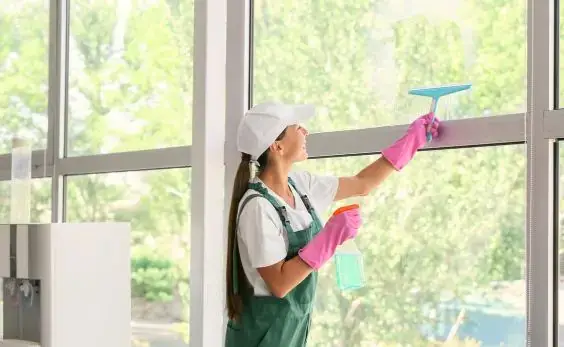 Limpiadora limpiando los cristales de un aula luminosa de un centro educativo en Barakaldo